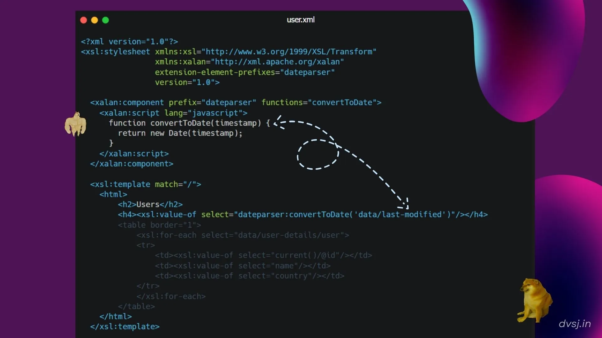 you can see an example here, where the JS function on top is being called inside xslt below it
here it takes the date from XML and converts it to the user's timezone