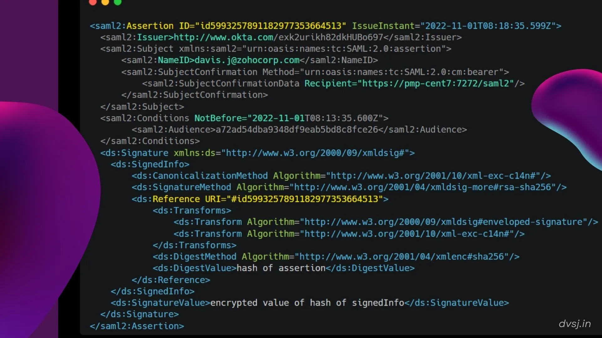 looks all complicated, but it's basically what we saw before with lots of data.
You can see the signedInfo, data outside, transform, canonicalization method etc