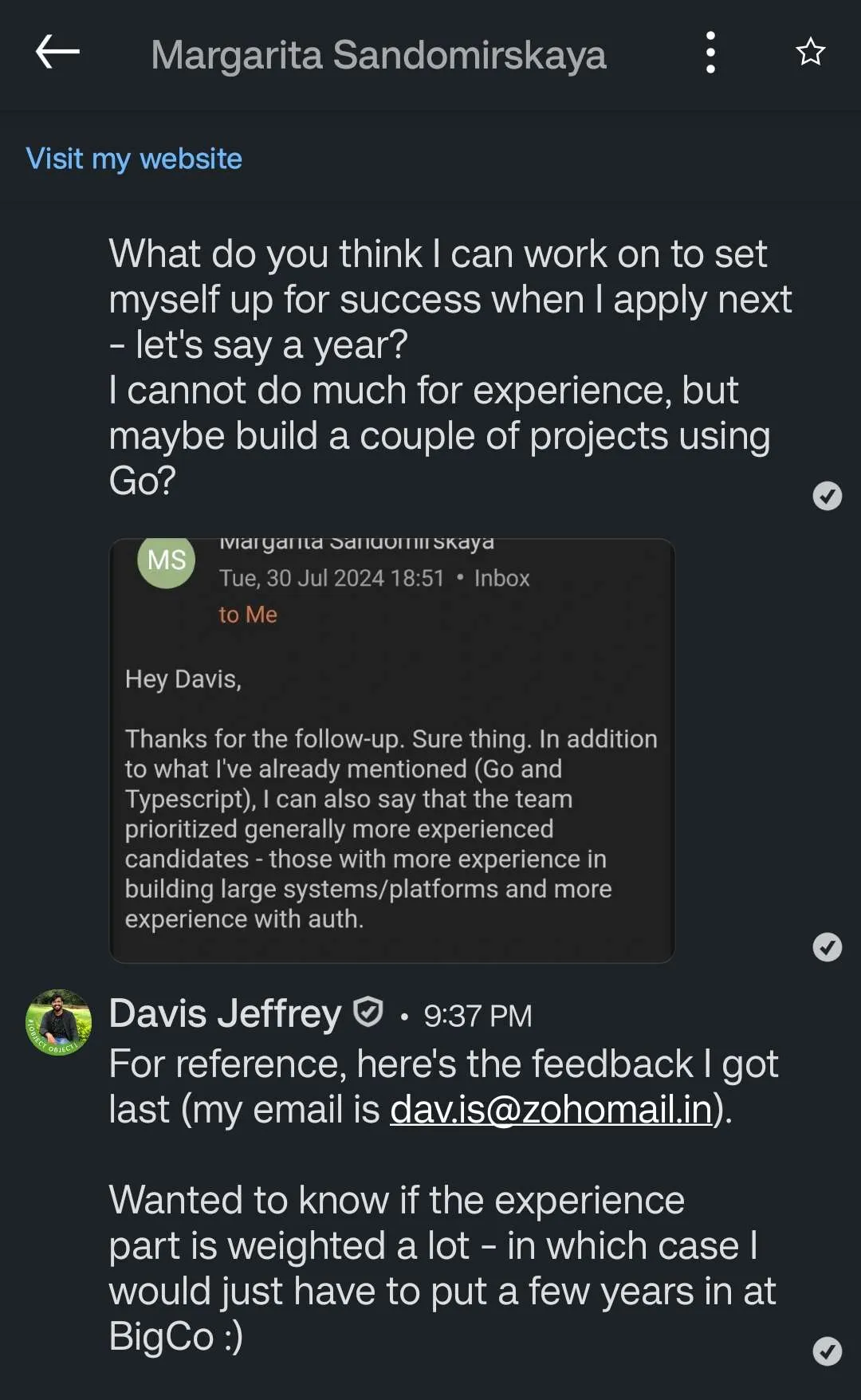 Screenshot of an earlier exchange with Margarita