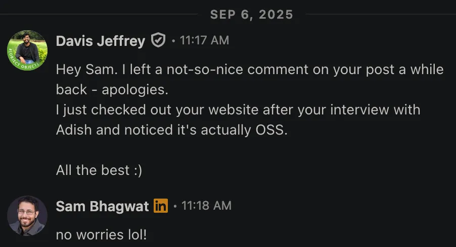 Sam's post and my reply, plus the apology