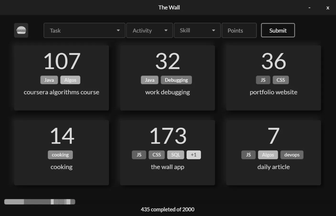 The Wall app card view: tasks like coursera algorithms course, work debugging, portfolio website, each tagged with skills and points; 435 completed of 2000