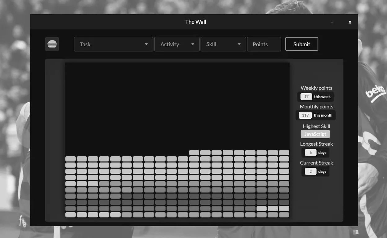 The Wall app: a grid of colored brick tiles tracking hours of practice, with weekly/monthly points, highest skill, and streak stats